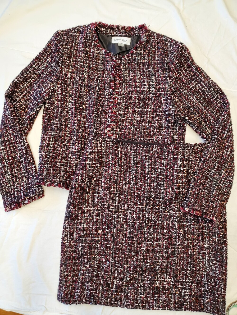 Calvin Klein Tweed Fringe Skirt Suit Set 4 Burgundy Metallic Jacket Pencil Skirt